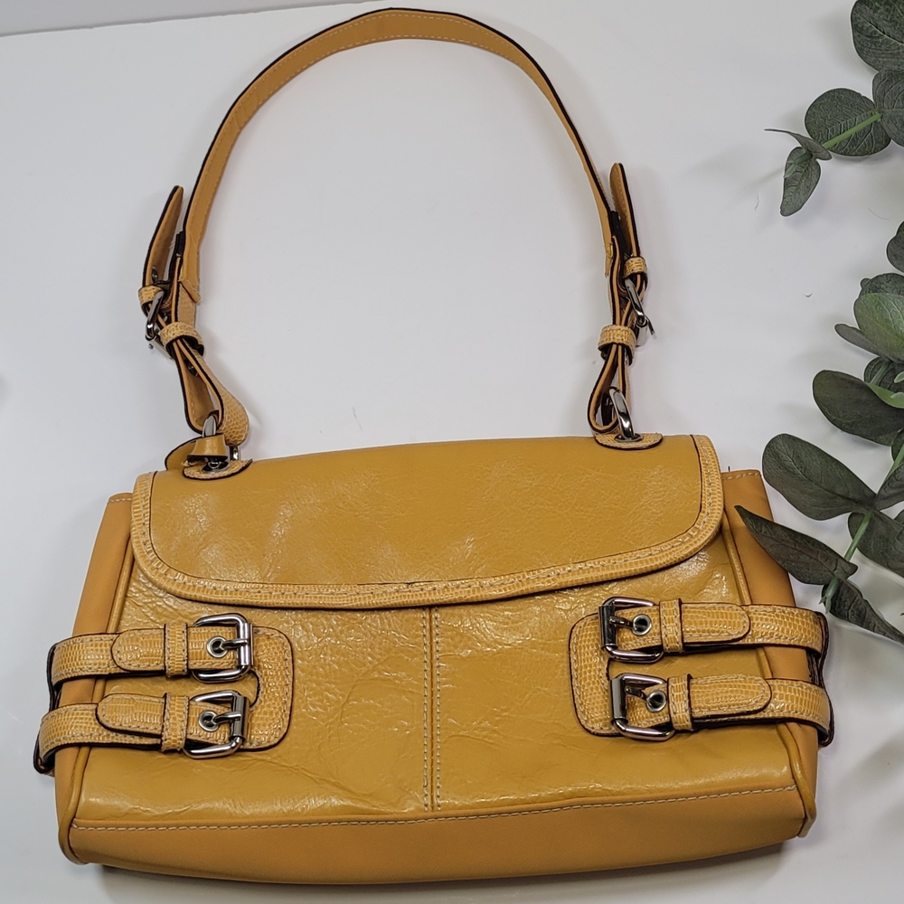 Franco Sarto Yellow Leather Shoulder Bag with Buckle Accents